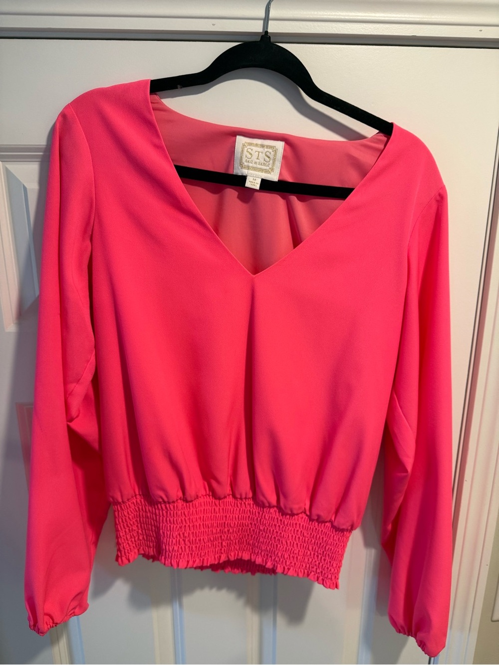 Sail to Sable Hot Pink V-Neck Long Sleeve Smocked Hem Top